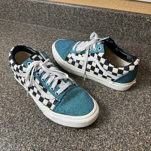 Vans Women's 8.5 Blue Glitter Black Check Lace Up Low Top Canvas Synthetic Shoes